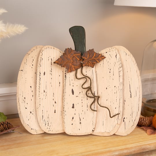15" White Wooden Pumpkin Tabletop Décor